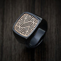 Black Zirconium Large Signet Ring with 14K Rose Gold Design Inlay