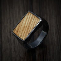 Black Zirconium Large Signet Ring with Oak Wood Inlay