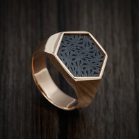 14K Rose Gold Large Signet Ring with Zirconium Design Pattern Inlay