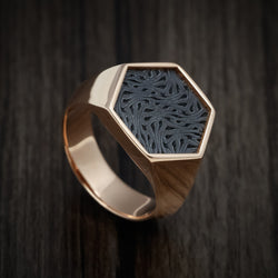 14K Rose Gold Large Signet Ring with Zirconium Design Pattern Inlay