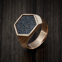 14K Rose Gold Large Signet Ring with Zirconium Design Pattern Inlay