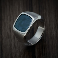 Titanium Medium Signet Ring with Washington Blue Jade Stone Inlay