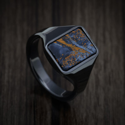 Black Zirconium Medium Signet Ring with Pietersite Stone Inlay