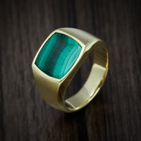 10K Yellow Gold Medium Signet Ring with Malachite Stone Inlay