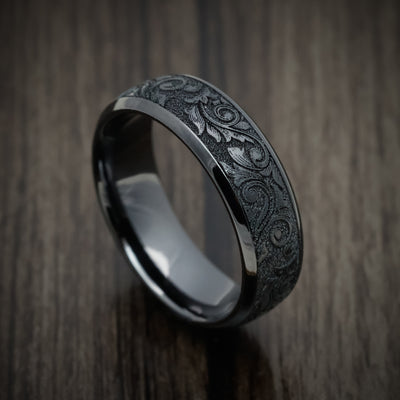 Black Titanium or Black Zirconium Custom Men's Ring with Vintage Floral Design