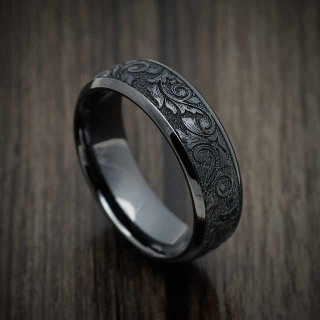 Black titanium or black zirconium custom men’s ring with vintage flora
