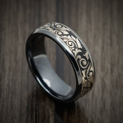 Black Titanium and Silver Mens Ring with Vintage Floral Design