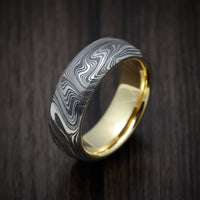 Marble Kuro Damascus Steel Men's Ring with 18K Gold Sleeve