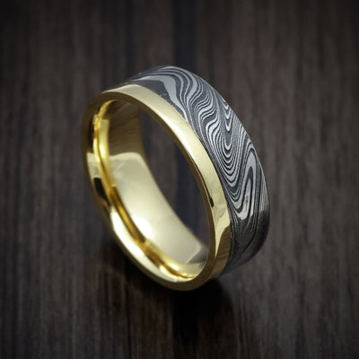 Yellow Gold Men's Ring with Marble Kuro Damascus Steel Inlay