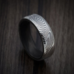 Marble Kuro Damascus Steel Men's Ring with Forged Carbon Fiber Sleeve