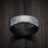 Marble Kuro Damascus Steel Men's Ring with Forged Carbon Fiber Sleeve