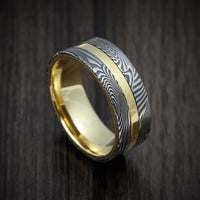 18K Gold Men's Ring with Sunset Kuro Damascus Steel Inlays