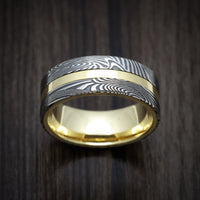 18K Gold Men's Ring with Sunset Kuro Damascus Steel Inlays