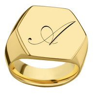 Extra Large Hexagon signet ring (23x20mm) in 14K Yellow Gold, with a Wide style band and a Kunstler Script 1 engraving.