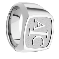 Large Cushion signet ring (18x18mm) in Cobalt Chrome, with a Wide style band and a Book Antiqua 3 Rev engraving.
