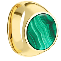 Large Circle signet ring (18mm) in 14K Yellow Gold, with a Wide style band, a Malachite inlay.