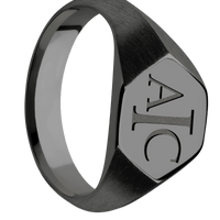Medium Hexagon signet ring (13.9x12mm) in Zirconium, with a Wide style band and a Book Antiqua 3 engraving.