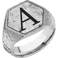 Large Hexagon signet ring (18.5x16mm) in Palladium Silver, with a Wide style band, a Meteorite inlay and a Book Antiqua 1 engraving.