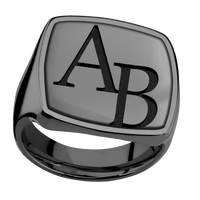 Extra Large Cushion signet ring (22x22mm) in Zirconium, with a Thin style band, a Zirconium inlay and a Book Antiqua 2 engraving.