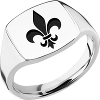 Medium Cushion signet ring (14x14mm) in Palladium Silver, with a Thin style band and a Fleur De Lis engraving.