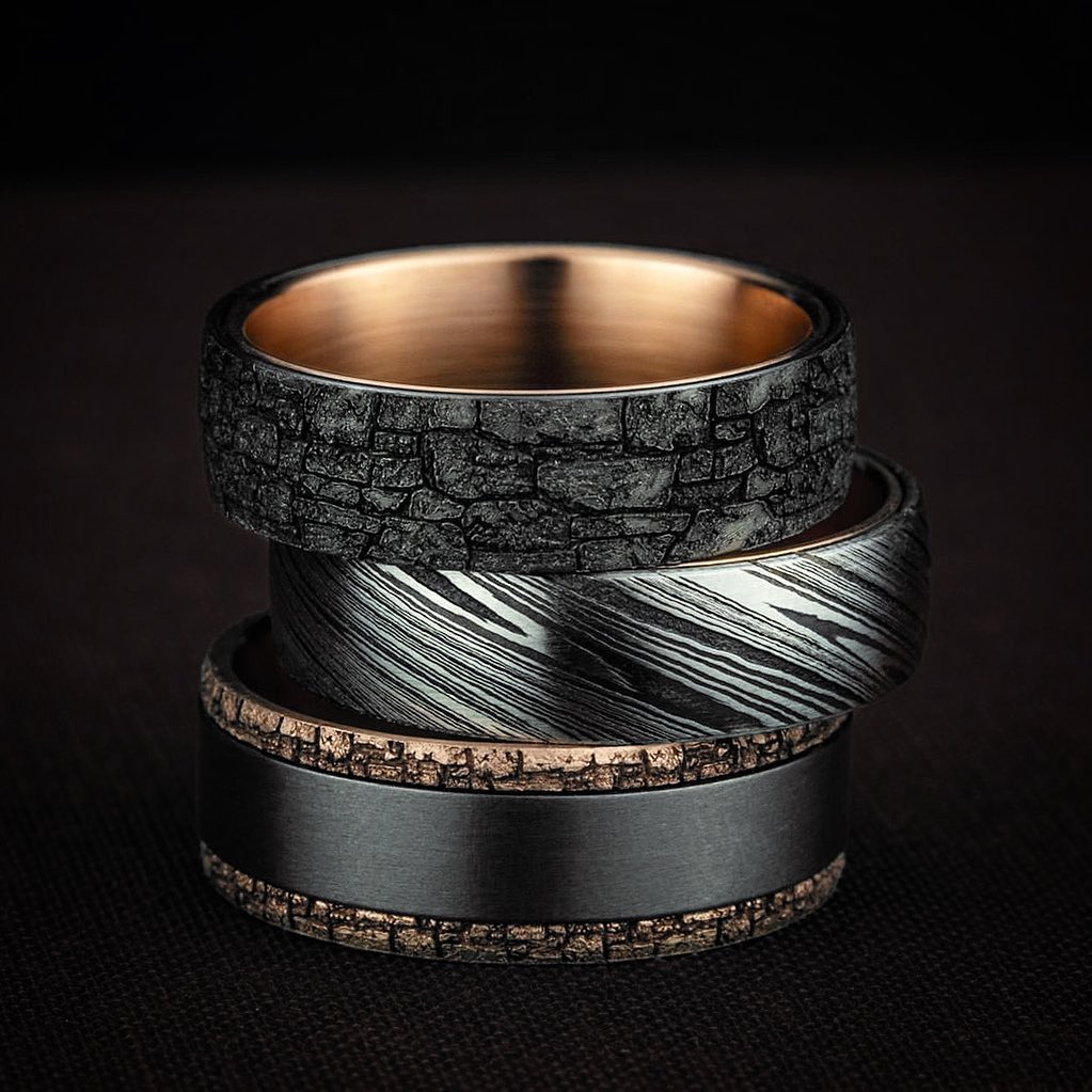 Ammara Stone Tantalum, Gold, and Damascus Steel Men's Rings