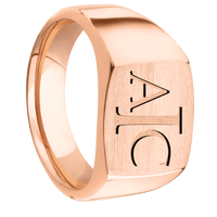 Medium Cushion signet ring (14x14mm) in 14K Rose Gold, with a Wide style band and a Book Antiqua 3 engraving.