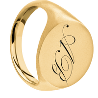 Large Circle signet ring (18mm) in 10K Yellow Gold, with a Thin style band and a Kunstler Script 2 engraving.