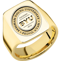 Large Rectangle signet ring (20x14.5mm) in 18K Yellow Gold, with a Wide style band and a Brigham Young Univeristy Seal engraving.