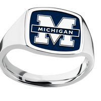 Medium Cushion signet ring (14x14mm) in Cobalt Chrome, with a Thin style band and a Michigan Michigan M Banner Rev engraving.