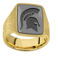 Large Rectangle signet ring (20x14.5mm) in 18K Yellow Gold, with a Wide style band, a Zirconium inlay and a Michigan State Spartan Helmet engraving.