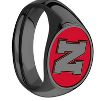 Medium Horizontal Oval signet ring (16x13mm) in Zirconium, with a Wide style band and a Nebraska Block N Rev engraving.