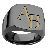 Large Cushion signet ring (18x18mm) in Zirconium, with a Wide style band and a Book Antiqua 2 engraving.