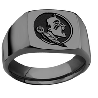 Medium Cushion signet ring (14x14mm) in Zirconium, with a Wide style band and a Florida State Seminole Head engraving.