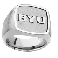 Large Cushion signet ring (18x18mm) in Cobalt Chrome, with a Wide style band, a Cobalt Chrome inlay and a Brigham Young BYU Monogram Rev engraving.