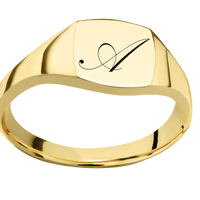 Small Cushion signet ring (10x10mm) in 14K Yellow Gold, with a Thin style band and a Kunstler Script 1 engraving.