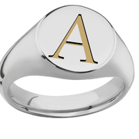 Medium Circle signet ring (14mm) in Titanium, with a Wide style band and a Book Antiqua 1 engraving.