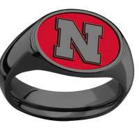 Medium Horizontal Oval signet ring (16x13mm) in Zirconium, with a Wide style band and a Nebraska Block N Rev engraving.