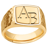 Medium Cushion signet ring (14x14mm) in 14K Yellow Gold, with a Wide style band, a 14K Yellow Gold inlay and a Book Antiqua 2 engraving.
