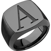 Large Cushion signet ring (18x18mm) in Zirconium, with a Wide style band and a Book Antiqua 1 engraving.