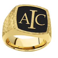 Large Cushion signet ring (18x18mm) in 10K Yellow Gold, with a Wide style band and a Book Antiqua 3 Rev engraving.