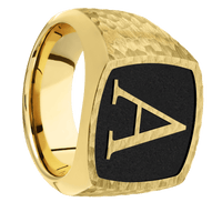 Large Cushion signet ring (18x18mm) in 10K Yellow Gold, with a Wide style band and a Book Antiqua 1 Rev engraving.