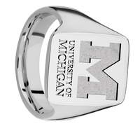 Large Rectangle signet ring (20x14.5mm) in Titanium, with a Thin style band and a Michigan Wordmark Stacked engraving.