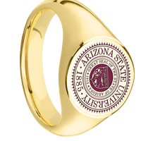 Medium Circle signet ring (14mm) in 10K Yellow Gold, with a Wide style band and an Arizona State University Seal engraving.