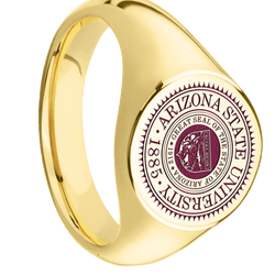 Medium Circle signet ring (14mm) in 10K Yellow Gold, with a Wide style band and an Arizona State University Seal engraving.