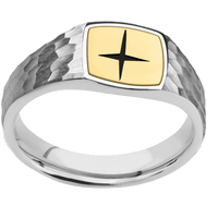 Small Cushion signet ring (10x10mm) in Platinum, with a Wide style band, a 18K Yellow Gold inlay and a STAR1 engraving.