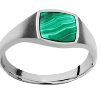 Small Cushion signet ring (10x10mm) in Cobalt Chrome, with a Thin style band, a Malachite inlay.