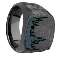 Large Cushion signet ring (18x18mm) in Zirconium, with a Wide style band and a Trees engraving.