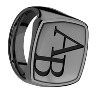 Extra Large Cushion signet ring (22x22mm) in Zirconium, with a Thin style band, a Zirconium inlay and a Book Antiqua 2 engraving.
