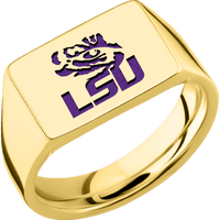 Medium Horizontal Rectangle signet ring (16x11.5mm) in 14K Yellow Gold, with a Wide style band and a Louisiana State LSU Tiger Eye Combo engraving.