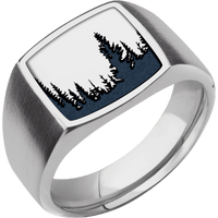Medium Cushion signet ring (14x14mm) in Titanium, with a Wide style band, a Platinum inlay and a Trees engraving.
